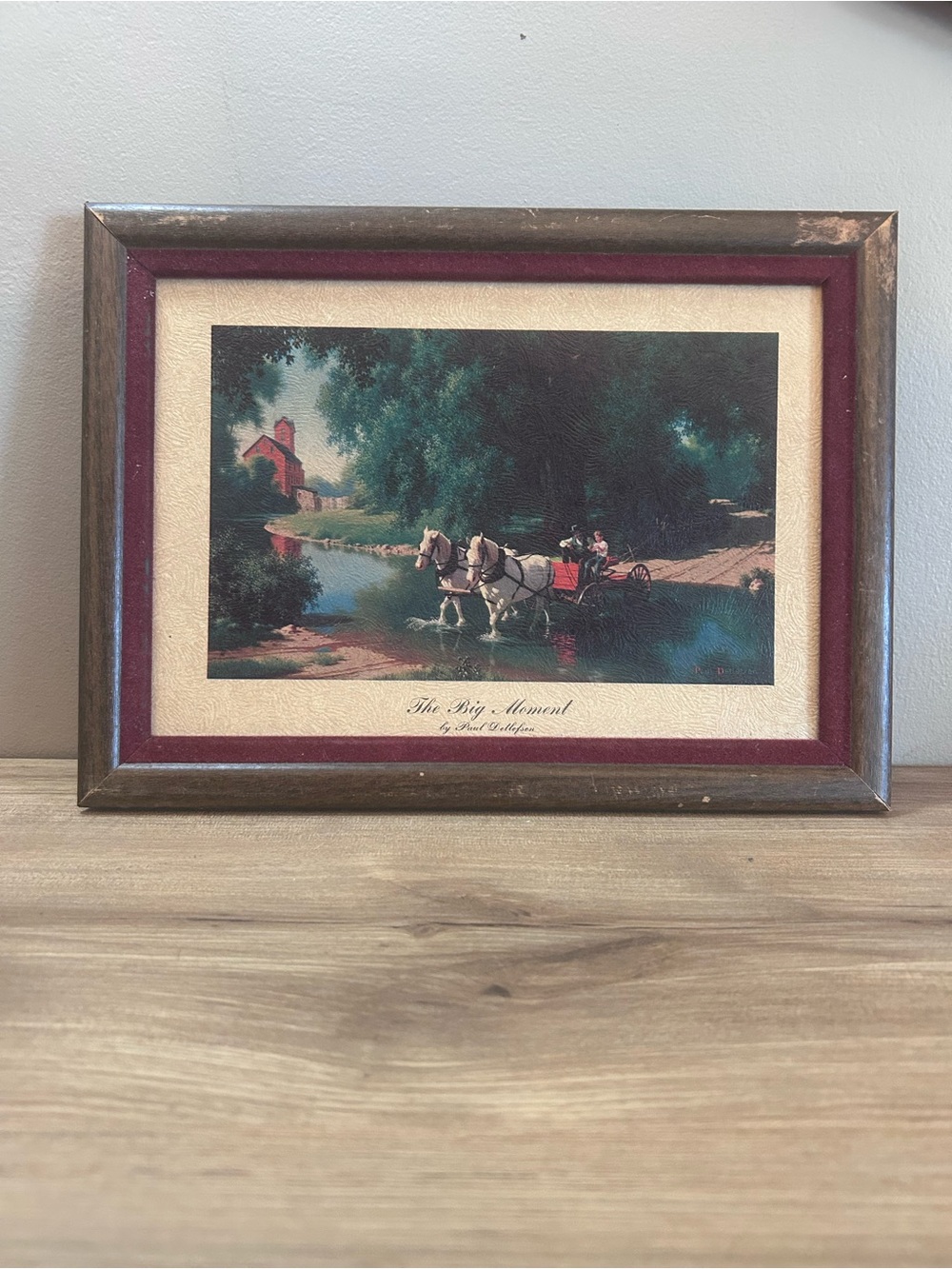 intro. Vintage Horse-Drawn Cart Art Print in Brown and Maroon